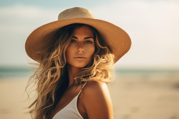 Beautiful woman in wide-brim hat smiling on beach